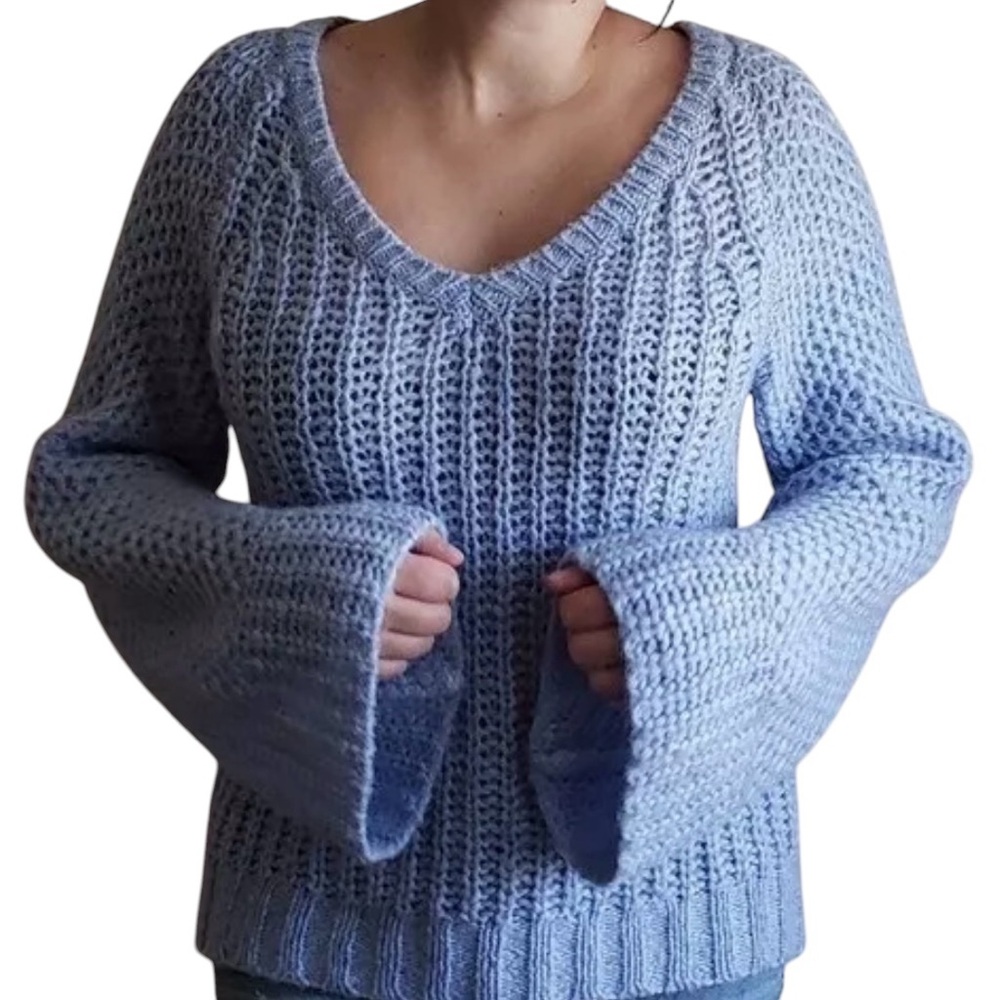 MOTH Blue Chunky Knit Bell Sleeve Sweater L Anthropologie #45